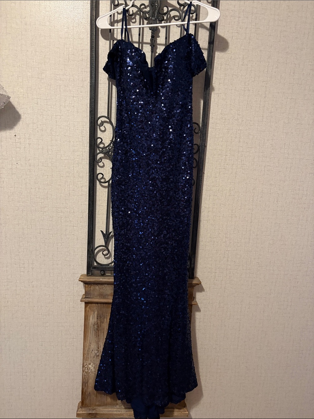 Jump Navy Sequined Off-Shoulder Prom Dress
